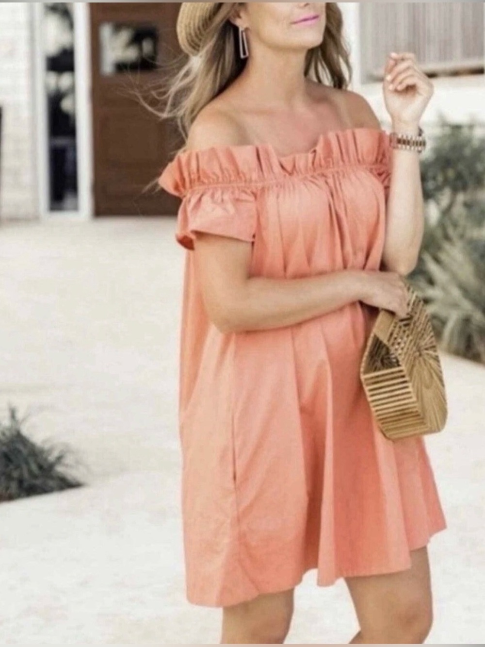 FREE PEOPLE Sophie Off The Shoulder Ruffle Coral Peach Dress w. Pockets Sz Large